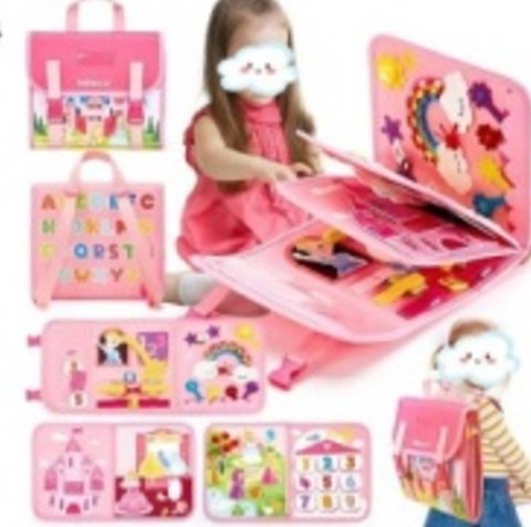 Tablica manipulacyjna sensoryczna montessori walizka plecak różowa Tablica manipulacyjna sensoryczna montessori walizka plecak różowa