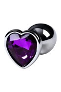 Silver anal plug with purple gem heart-shaped