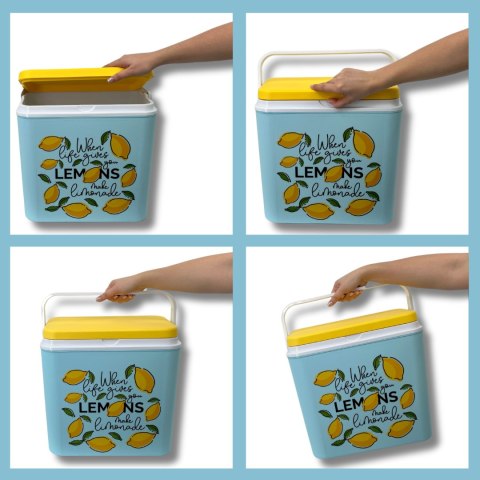 Lodówka turystyczna 24L Kamai Coolbox na wkłady mrożące, niebieska z nadrukiem cytryn, żółta pokrywa i biała rączka