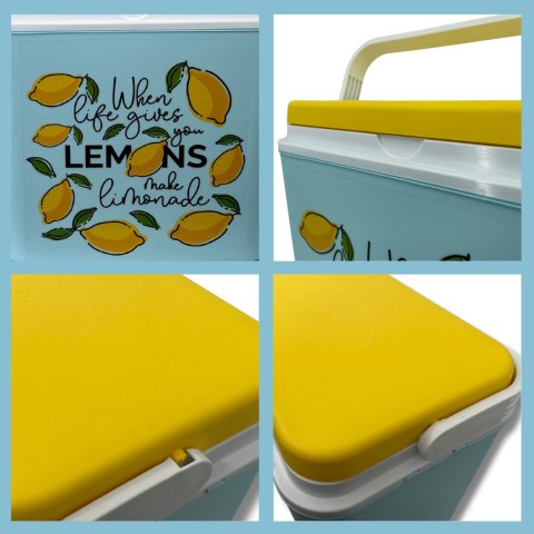 Lodówka turystyczna 24L Kamai Coolbox na wkłady mrożące, niebieska z nadrukiem cytryn, żółta pokrywa i biała rączka