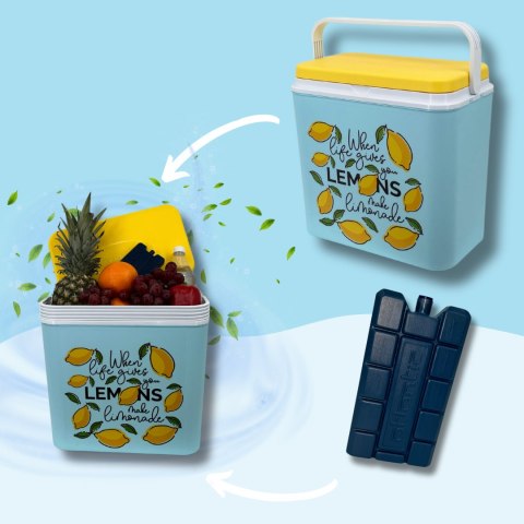 Lodówka turystyczna 24L Kamai Coolbox na wkłady mrożące, niebieska z nadrukiem cytryn, żółta pokrywa i biała rączka