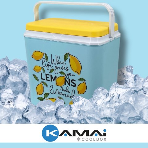 Lodówka turystyczna 24L Kamai Coolbox na wkłady mrożące, niebieska z nadrukiem cytryn, żółta pokrywa i biała rączka