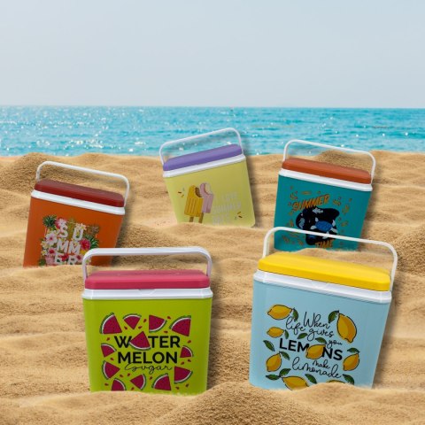 Lodówka turystyczna 24L Kamai Coolbox na wkłady mrożące, niebieska z nadrukiem cytryn, żółta pokrywa i biała rączka