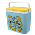 Lodówka turystyczna 24L Kamai Coolbox na wkłady mrożące, niebieska z nadrukiem cytryn, żółta pokrywa i biała rączka