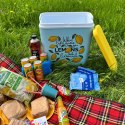 Lodówka turystyczna 24L Kamai Coolbox na wkłady mrożące, niebieska z nadrukiem cytryn, żółta pokrywa i biała rączka