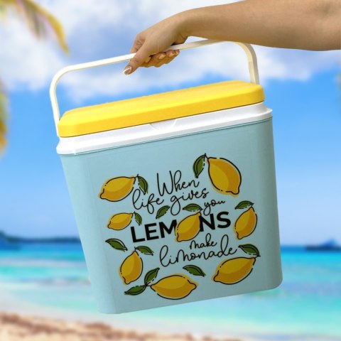 Lodówka turystyczna 24L Kamai Coolbox na wkłady mrożące, niebieska z nadrukiem cytryn, żółta pokrywa i biała rączka