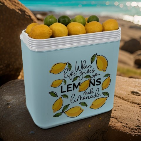 Lodówka turystyczna 24L Kamai Coolbox na wkłady mrożące, niebieska z nadrukiem cytryn, żółta pokrywa i biała rączka