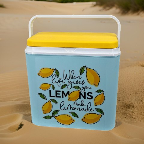 Lodówka turystyczna 24L Kamai Coolbox na wkłady mrożące, niebieska z nadrukiem cytryn, żółta pokrywa i biała rączka