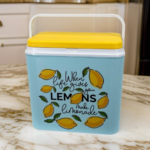 Lodówka turystyczna 24L Kamai Coolbox na wkłady mrożące, niebieska z nadrukiem cytryn, żółta pokrywa i biała rączka