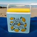 Lodówka turystyczna 24L Kamai Coolbox na wkłady mrożące, niebieska z nadrukiem cytryn, żółta pokrywa i biała rączka
