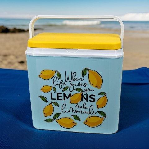 Lodówka turystyczna 24L Kamai Coolbox na wkłady mrożące, niebieska z nadrukiem cytryn, żółta pokrywa i biała rączka