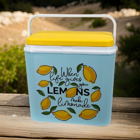 Lodówka turystyczna 24L Kamai Coolbox na wkłady mrożące, niebieska z nadrukiem cytryn, żółta pokrywa i biała rączka