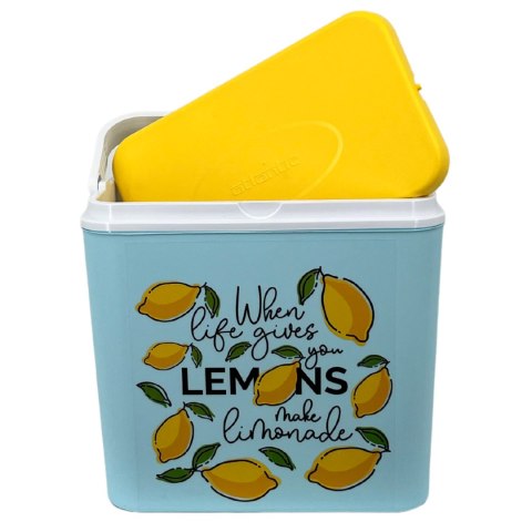 Lodówka turystyczna 24L Kamai Coolbox na wkłady mrożące, niebieska z nadrukiem cytryn, żółta pokrywa i biała rączka