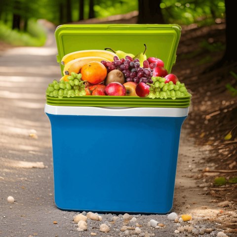 Lodówka turystyczna 22,5L KAMAI FIESTA na wkłady mrożące, błękitna z zieloną pokrywą i uchwytem